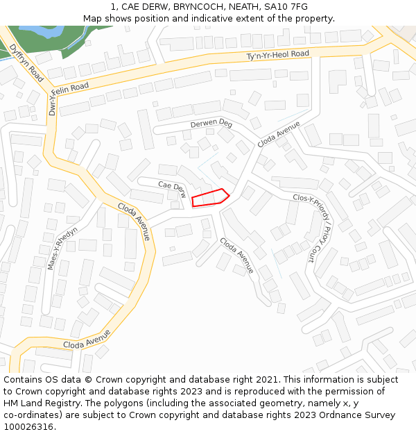 1, CAE DERW, BRYNCOCH, NEATH, SA10 7FG: Location map and indicative extent of plot