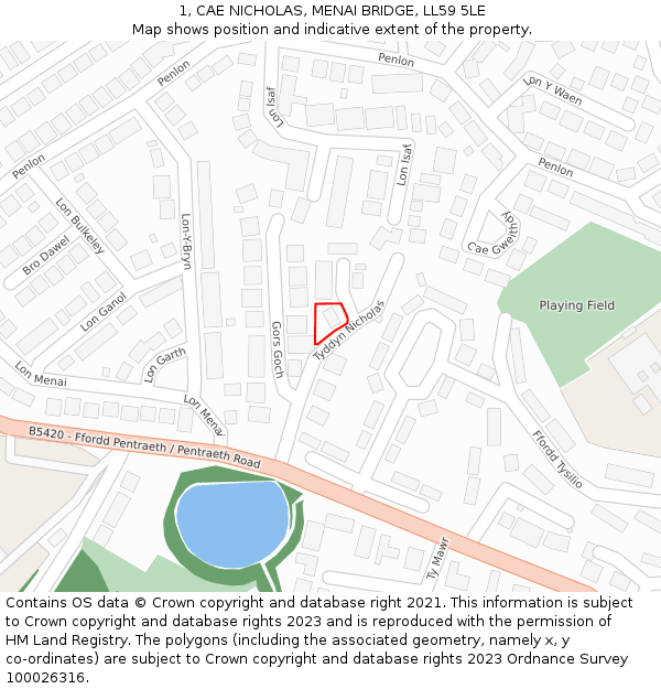 1, CAE NICHOLAS, MENAI BRIDGE, LL59 5LE: Location map and indicative extent of plot