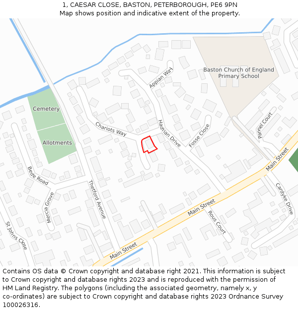 1, CAESAR CLOSE, BASTON, PETERBOROUGH, PE6 9PN: Location map and indicative extent of plot