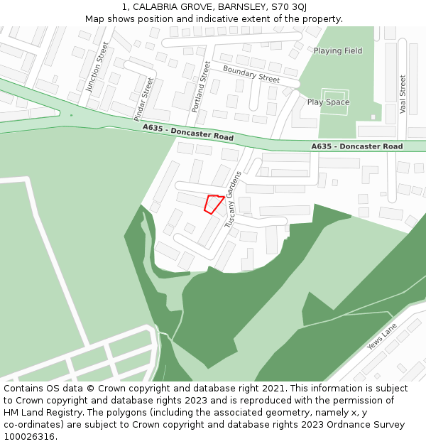 1, CALABRIA GROVE, BARNSLEY, S70 3QJ: Location map and indicative extent of plot