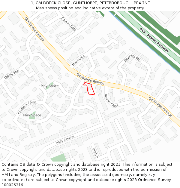 1, CALDBECK CLOSE, GUNTHORPE, PETERBOROUGH, PE4 7NE: Location map and indicative extent of plot