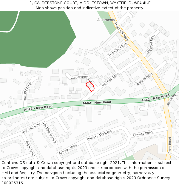 1, CALDERSTONE COURT, MIDDLESTOWN, WAKEFIELD, WF4 4UE: Location map and indicative extent of plot