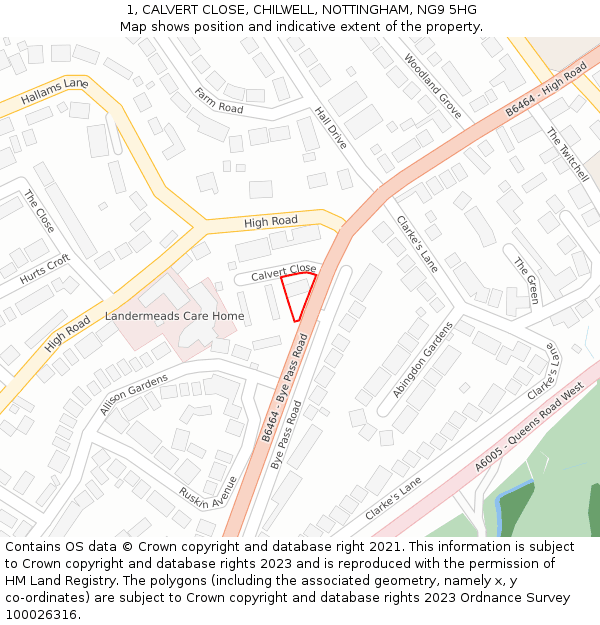 1, CALVERT CLOSE, CHILWELL, NOTTINGHAM, NG9 5HG: Location map and indicative extent of plot