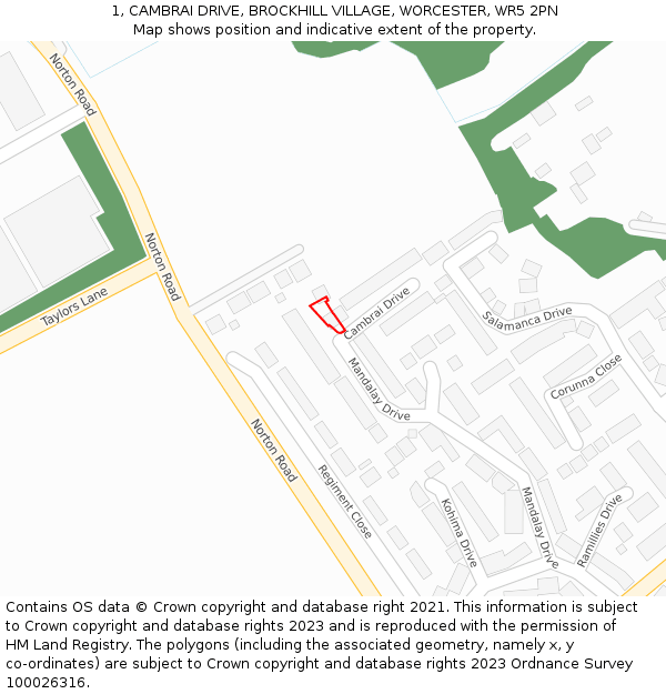 1, CAMBRAI DRIVE, BROCKHILL VILLAGE, WORCESTER, WR5 2PN: Location map and indicative extent of plot