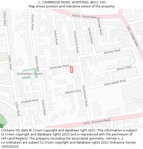 1, CAMBRIDGE ROAD, WORTHING, BN11 1XD: Location map and indicative extent of plot