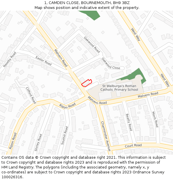 1, CAMDEN CLOSE, BOURNEMOUTH, BH9 3BZ: Location map and indicative extent of plot