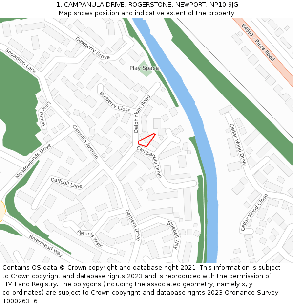 1, CAMPANULA DRIVE, ROGERSTONE, NEWPORT, NP10 9JG: Location map and indicative extent of plot