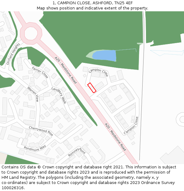 1, CAMPION CLOSE, ASHFORD, TN25 4EF: Location map and indicative extent of plot