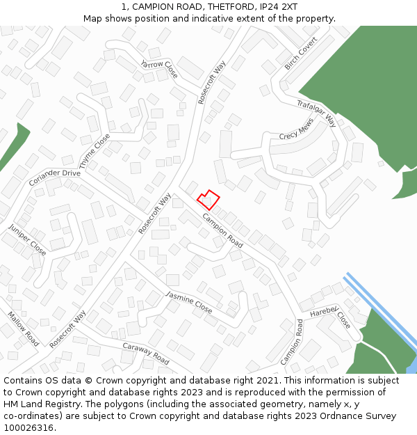 1, CAMPION ROAD, THETFORD, IP24 2XT: Location map and indicative extent of plot