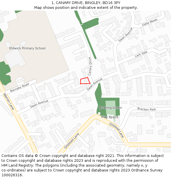 1, CANARY DRIVE, BINGLEY, BD16 3PY: Location map and indicative extent of plot