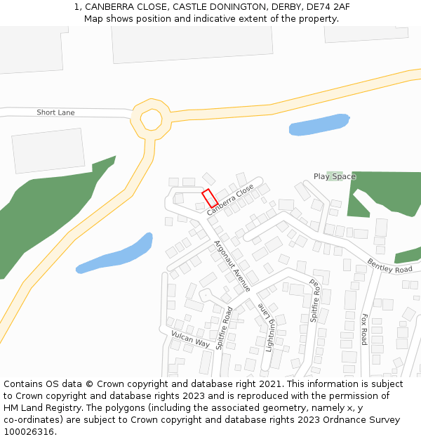 1, CANBERRA CLOSE, CASTLE DONINGTON, DERBY, DE74 2AF: Location map and indicative extent of plot