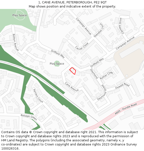 1, CANE AVENUE, PETERBOROUGH, PE2 9QT: Location map and indicative extent of plot