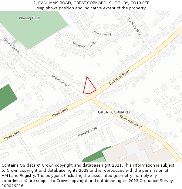 1, CANHAMS ROAD, GREAT CORNARD, SUDBURY, CO10 0EP: Location map and indicative extent of plot