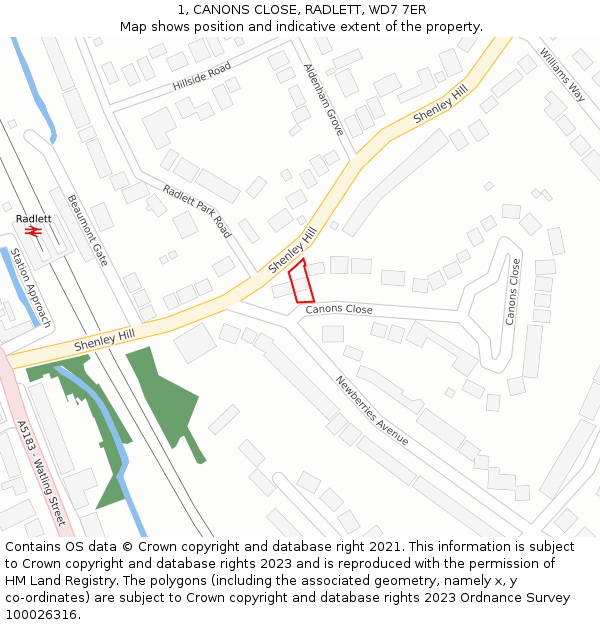 1, CANONS CLOSE, RADLETT, WD7 7ER: Location map and indicative extent of plot