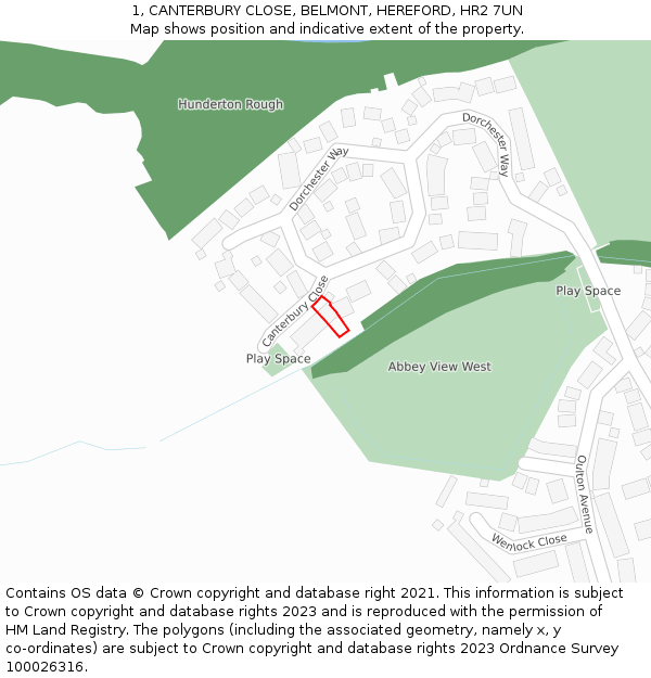 1, CANTERBURY CLOSE, BELMONT, HEREFORD, HR2 7UN: Location map and indicative extent of plot