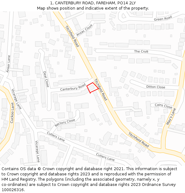 1, CANTERBURY ROAD, FAREHAM, PO14 2LY: Location map and indicative extent of plot