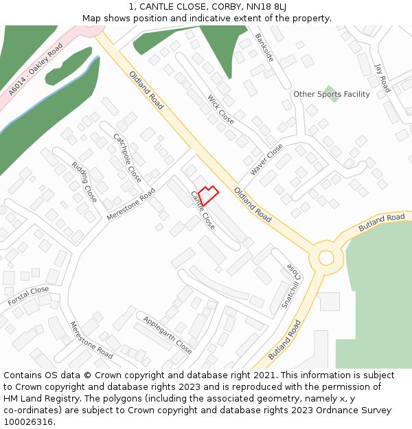 1, CANTLE CLOSE, CORBY, NN18 8LJ: Location map and indicative extent of plot