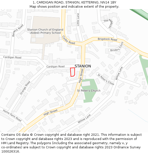 1, CARDIGAN ROAD, STANION, KETTERING, NN14 1BY: Location map and indicative extent of plot