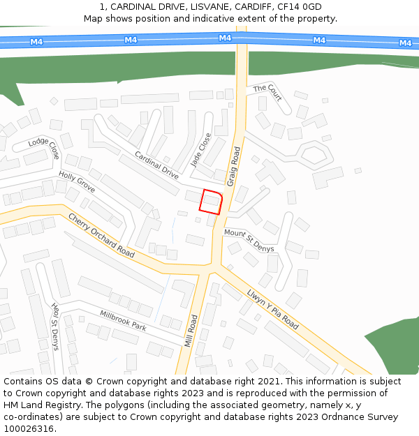 1, CARDINAL DRIVE, LISVANE, CARDIFF, CF14 0GD: Location map and indicative extent of plot