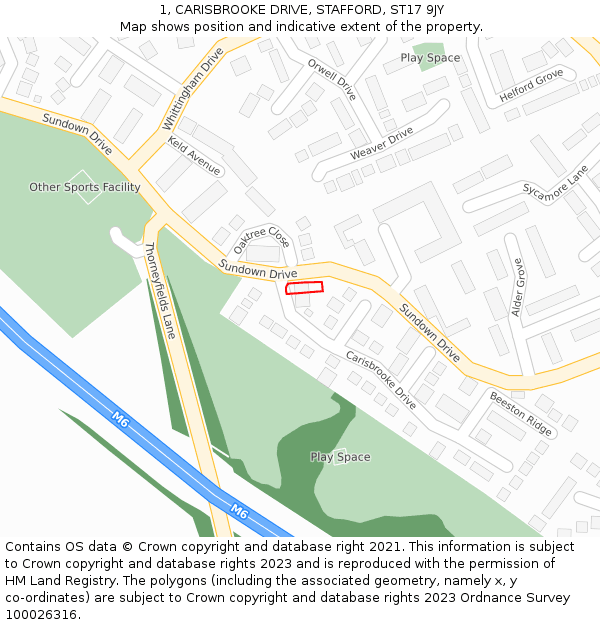 1, CARISBROOKE DRIVE, STAFFORD, ST17 9JY: Location map and indicative extent of plot