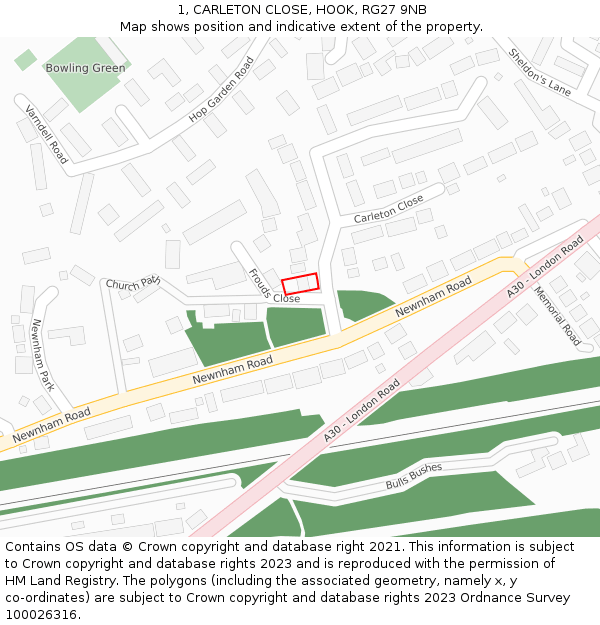 1, CARLETON CLOSE, HOOK, RG27 9NB: Location map and indicative extent of plot