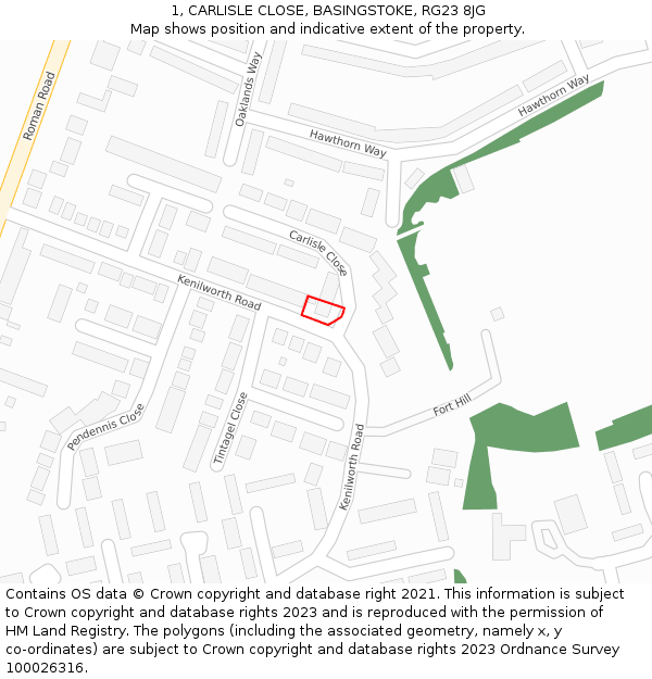 1, CARLISLE CLOSE, BASINGSTOKE, RG23 8JG: Location map and indicative extent of plot