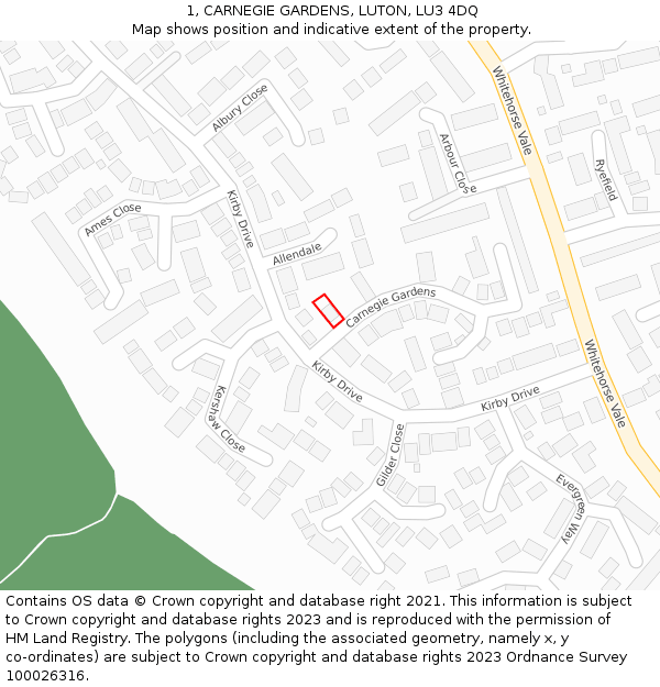 1, CARNEGIE GARDENS, LUTON, LU3 4DQ: Location map and indicative extent of plot