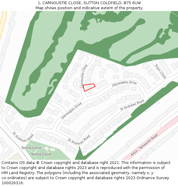 1, CARNOUSTIE CLOSE, SUTTON COLDFIELD, B75 6UW: Location map and indicative extent of plot
