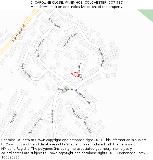 1, CAROLINE CLOSE, WIVENHOE, COLCHESTER, CO7 9SD: Location map and indicative extent of plot
