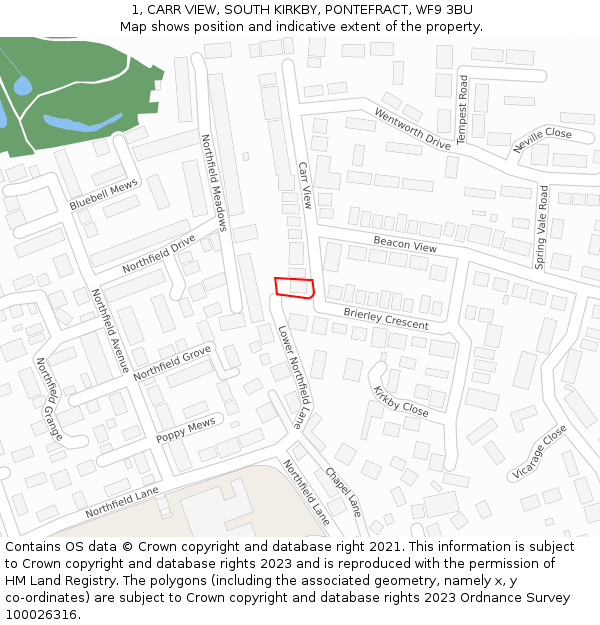 1, CARR VIEW, SOUTH KIRKBY, PONTEFRACT, WF9 3BU: Location map and indicative extent of plot
