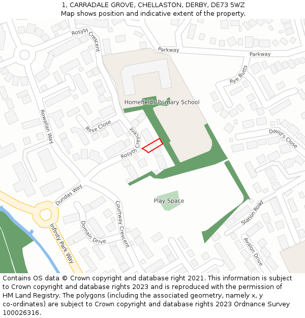 1, CARRADALE GROVE, CHELLASTON, DERBY, DE73 5WZ: Location map and indicative extent of plot