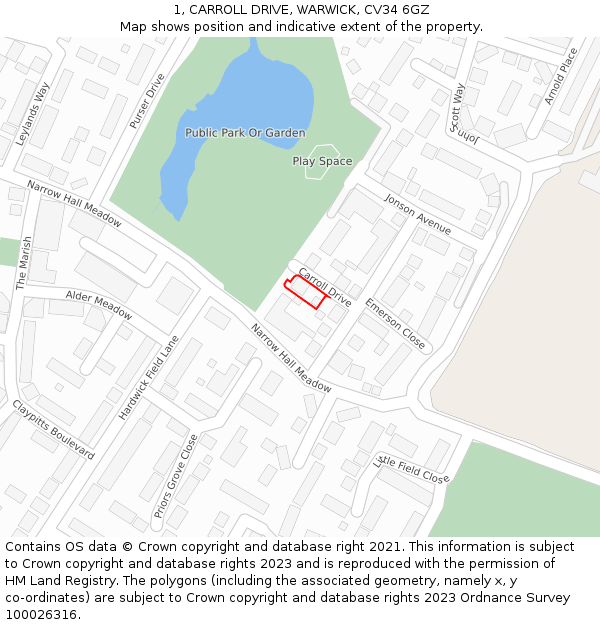1, CARROLL DRIVE, WARWICK, CV34 6GZ: Location map and indicative extent of plot