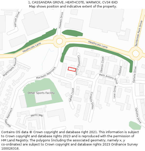 1, CASSANDRA GROVE, HEATHCOTE, WARWICK, CV34 6XD: Location map and indicative extent of plot