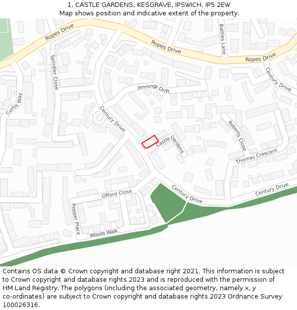 1, CASTLE GARDENS, KESGRAVE, IPSWICH, IP5 2EW: Location map and indicative extent of plot