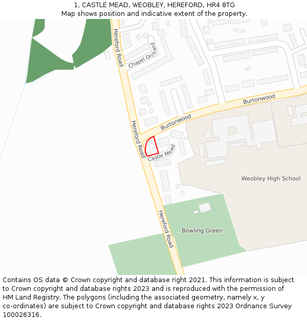 1, CASTLE MEAD, WEOBLEY, HEREFORD, HR4 8TG: Location map and indicative extent of plot