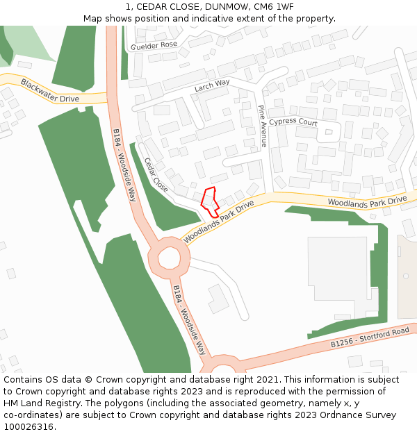 1, CEDAR CLOSE, DUNMOW, CM6 1WF: Location map and indicative extent of plot