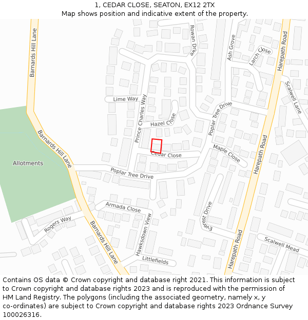 1, CEDAR CLOSE, SEATON, EX12 2TX: Location map and indicative extent of plot