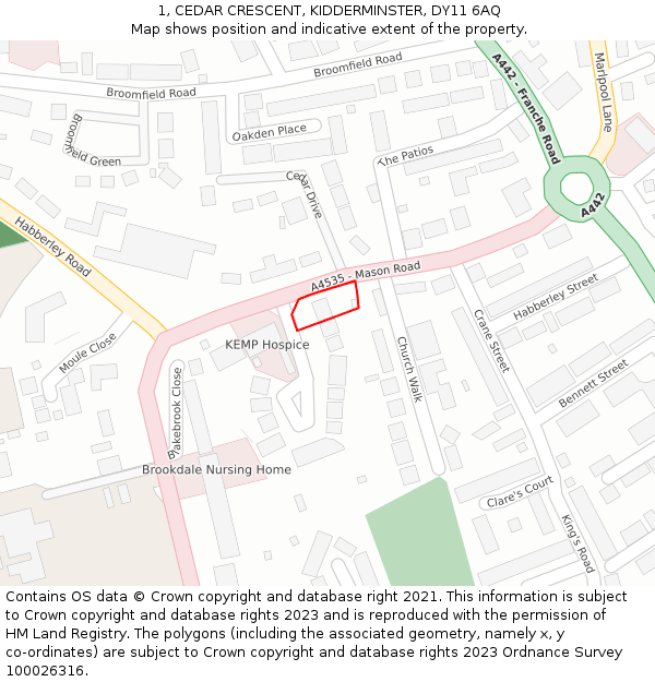 1, CEDAR CRESCENT, KIDDERMINSTER, DY11 6AQ: Location map and indicative extent of plot