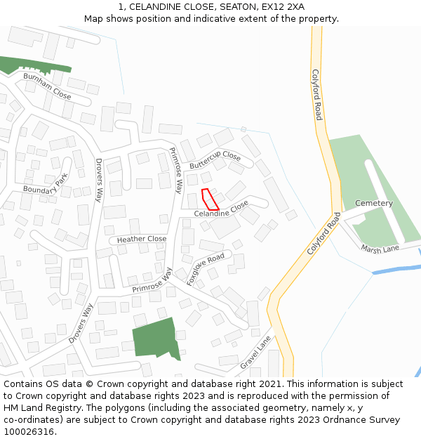 1, CELANDINE CLOSE, SEATON, EX12 2XA: Location map and indicative extent of plot