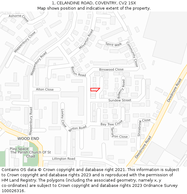 1, CELANDINE ROAD, COVENTRY, CV2 1SX: Location map and indicative extent of plot
