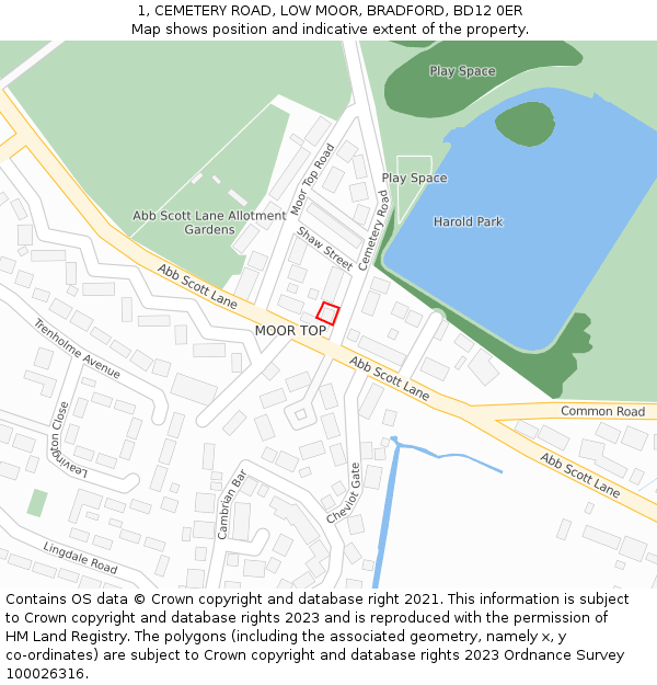 1, CEMETERY ROAD, LOW MOOR, BRADFORD, BD12 0ER: Location map and indicative extent of plot