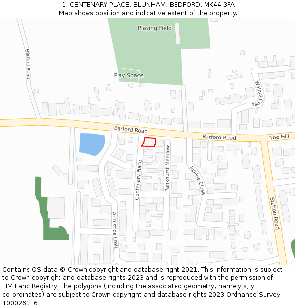 1, CENTENARY PLACE, BLUNHAM, BEDFORD, MK44 3FA: Location map and indicative extent of plot