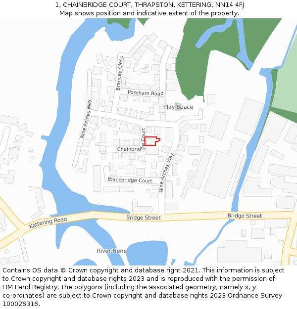 1, CHAINBRIDGE COURT, THRAPSTON, KETTERING, NN14 4FJ: Location map and indicative extent of plot