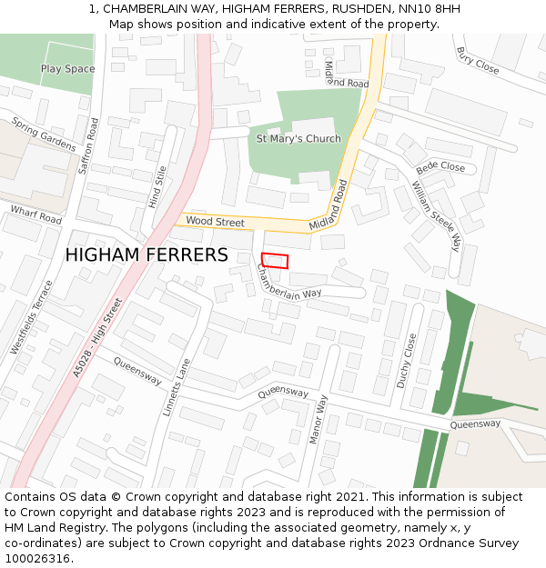 1, CHAMBERLAIN WAY, HIGHAM FERRERS, RUSHDEN, NN10 8HH: Location map and indicative extent of plot