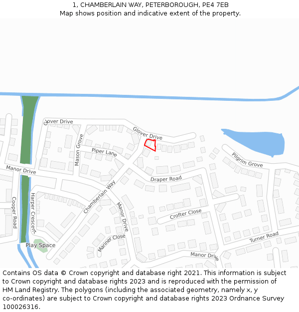 1, CHAMBERLAIN WAY, PETERBOROUGH, PE4 7EB: Location map and indicative extent of plot