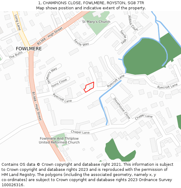 1, CHAMPIONS CLOSE, FOWLMERE, ROYSTON, SG8 7TR: Location map and indicative extent of plot