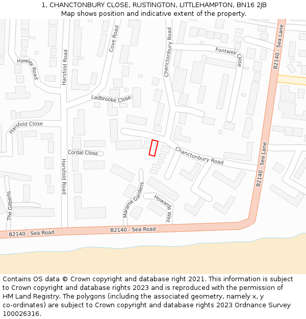 1, CHANCTONBURY CLOSE, RUSTINGTON, LITTLEHAMPTON, BN16 2JB: Location map and indicative extent of plot