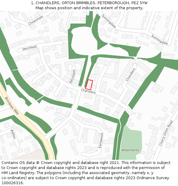 1, CHANDLERS, ORTON BRIMBLES, PETERBOROUGH, PE2 5YW: Location map and indicative extent of plot