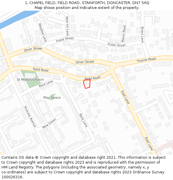 1, CHAPEL FIELD, FIELD ROAD, STAINFORTH, DONCASTER, DN7 5AQ: Location map and indicative extent of plot