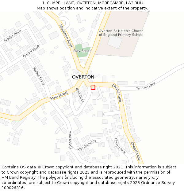 1, CHAPEL LANE, OVERTON, MORECAMBE, LA3 3HU: Location map and indicative extent of plot